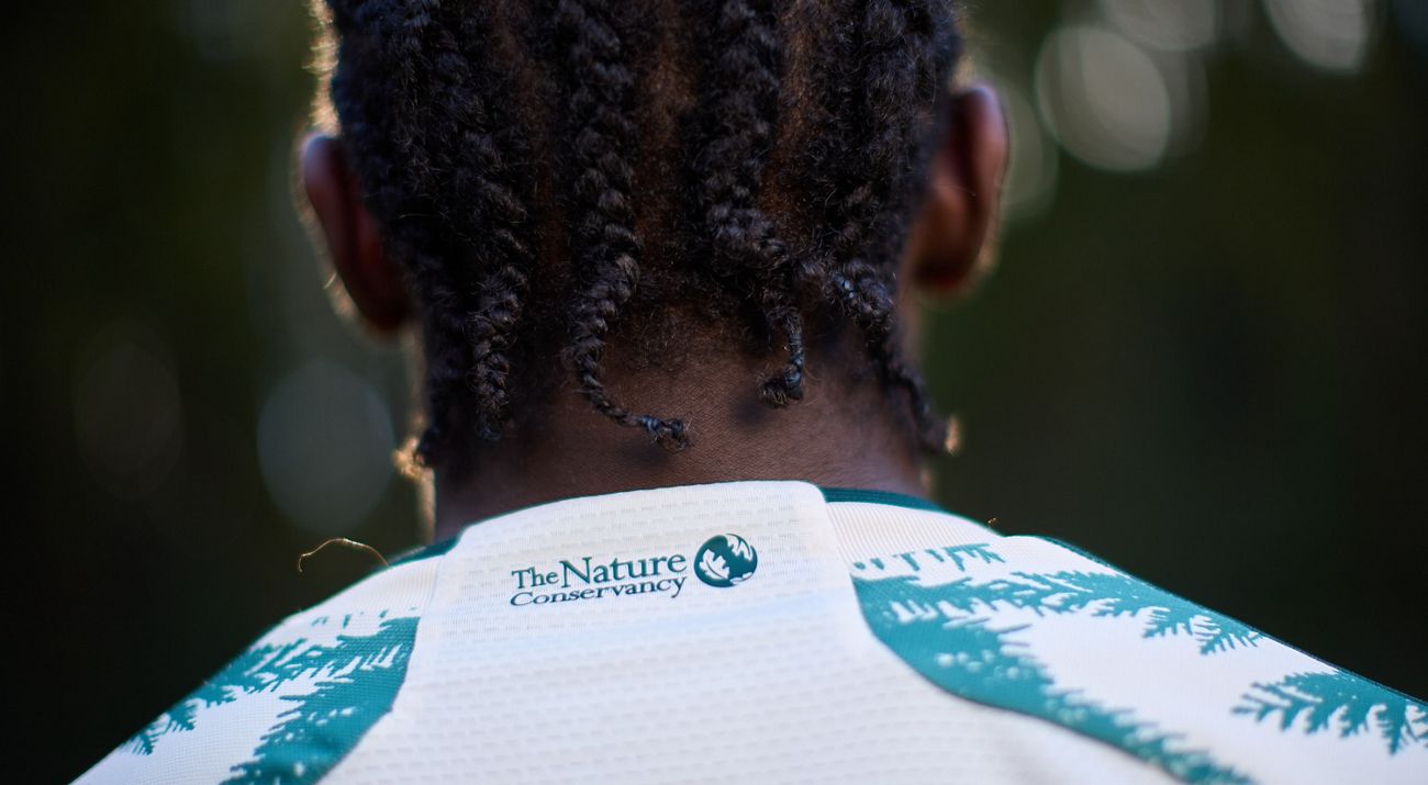 A person with their back facing the camera showing the TNC logo on the back of their shirt collar.