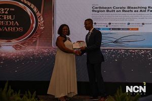 A woman accepts an award from a man.