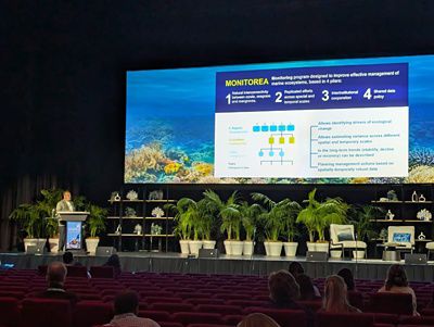 A man speaks at a podium with a huge projection screen with information on his talk.