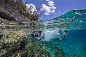 A conservation practitioner snorkels through a reef, while the photo is taken half beneath and half above the water line. 