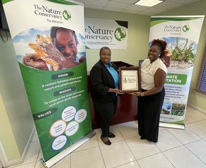 Two women stand while one presents the partnership award to the other.