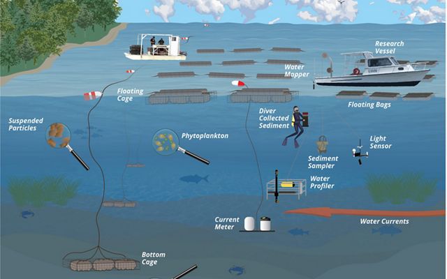 An illustration showing the various methods of oyster aquaculture. Boats and mesh cages float on the surface of the water. Phytoplankton and scientific instruments are suspended in the water column. 