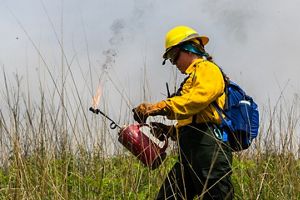 A woman holds a drip torch with smoke in the background.
