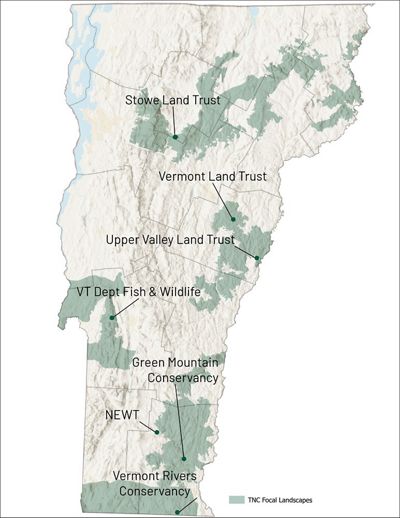 Map of Vermont showing The Nature Conservancy’s focal landscapes and grant recipients.