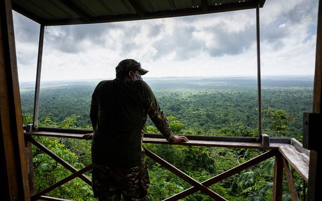 Ranger Ernesto Velasquez at the surveillance lookout. Belize Maya Forest.