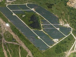 Aerial view of solar panels in a large field in Macedonia.