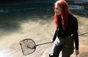 A scientist stands in a river in waders holding a long net for specimen collection.