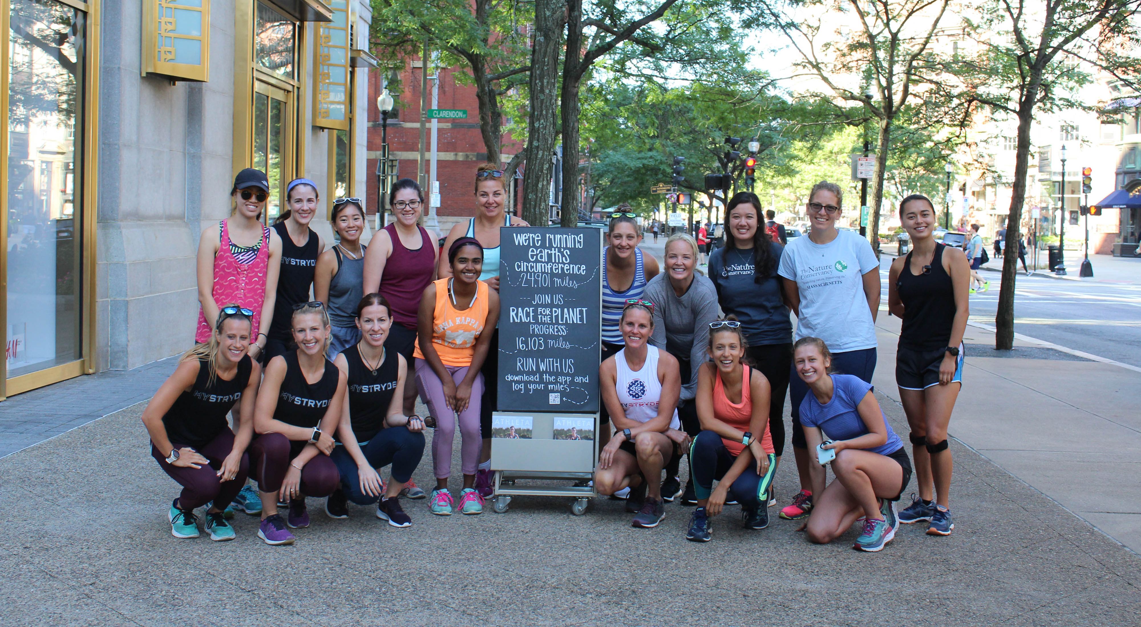 TNC and Athleta teamed up in 2019 to "Race for the Planet," holding events at local stores, like this one in Boston. Trenni Kusnierek is pictured at the center. 