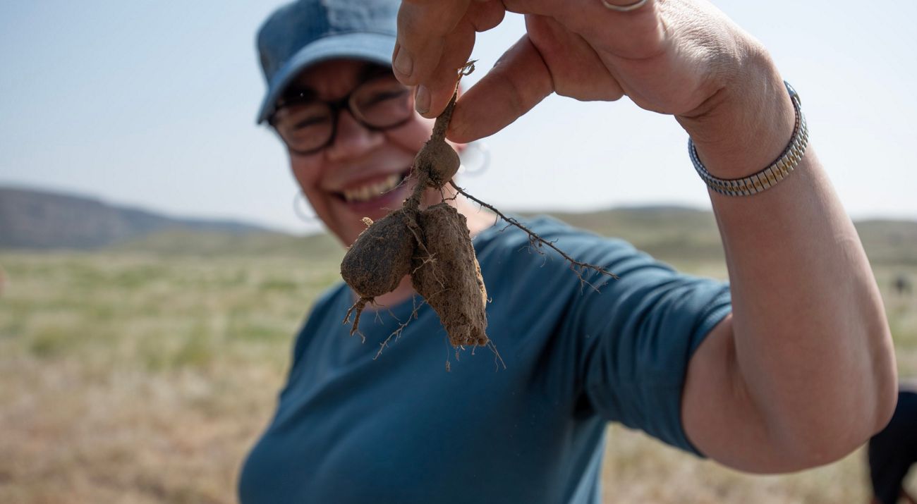 Candid photo of trustee DeAnne Hamilton at a preserve holding a muddy clump of roots out in front of her.