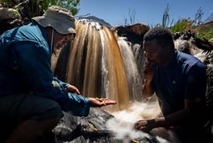 Two scientists kneeling near a waterfall to sample freshwater fish.