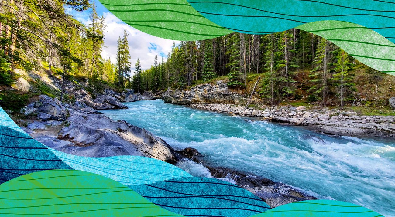 a river flowing past rocks and trees with graphic elements in the corners.