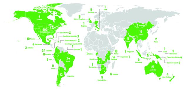 An illustrated map graphic displaying the counties and territories in which TNC science staff work. 