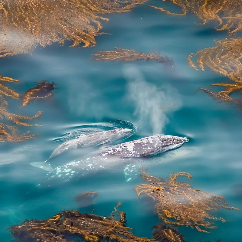 A bird's-eye view of a gray whale and her calf swimming through a kelp bed.