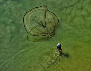 A fisherman casts a large net over a body of water.