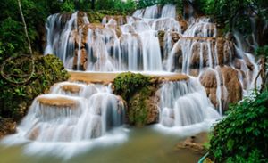 Water cascades down many levels of rock in a large waterfall in a forest.