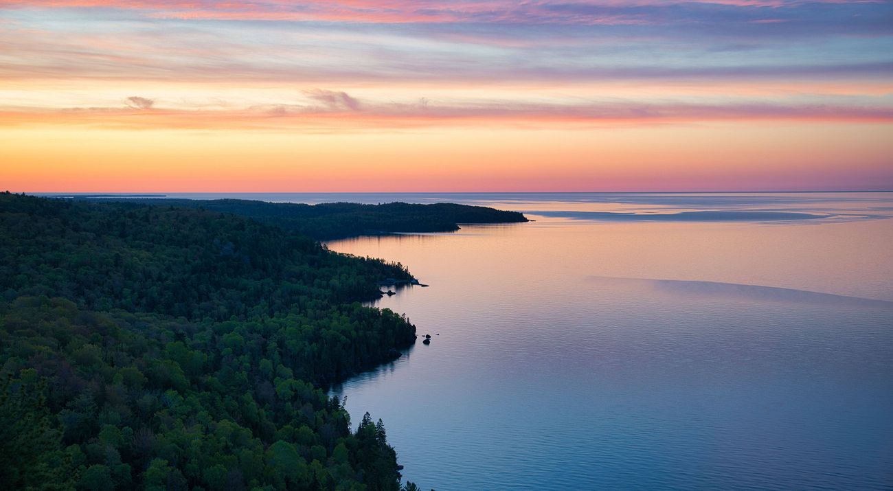 Colorful sunrise over Copper Harbor's peninsula in Michigan. The sky is filled with pastel pinks, oranges, and blues. The colors reflect in the water. The forest is thick with lush, green trees.