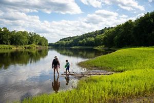 An adult and child wade into a river surrounded by green grass and trees.