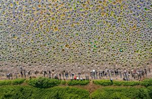 A group of people stand at the edge of a large, open sandy area. Large holes dot the surface, filled with green and orange water.
