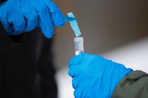 A close up view of a blue filter strip being folded and placed into a vial containing a water sample.  