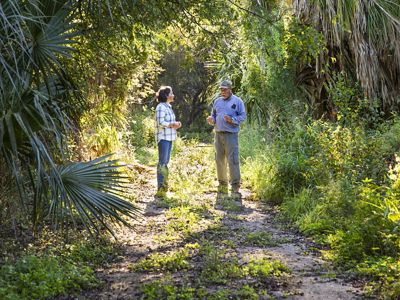 A man and a woman stand on a trail surrounded by dense palm trees and other tropical vegetation.