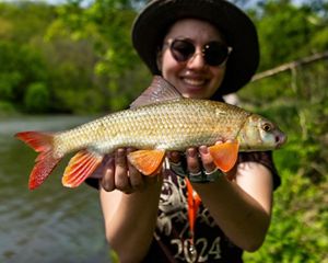 A woman holds up a shorthead redhorse fish.