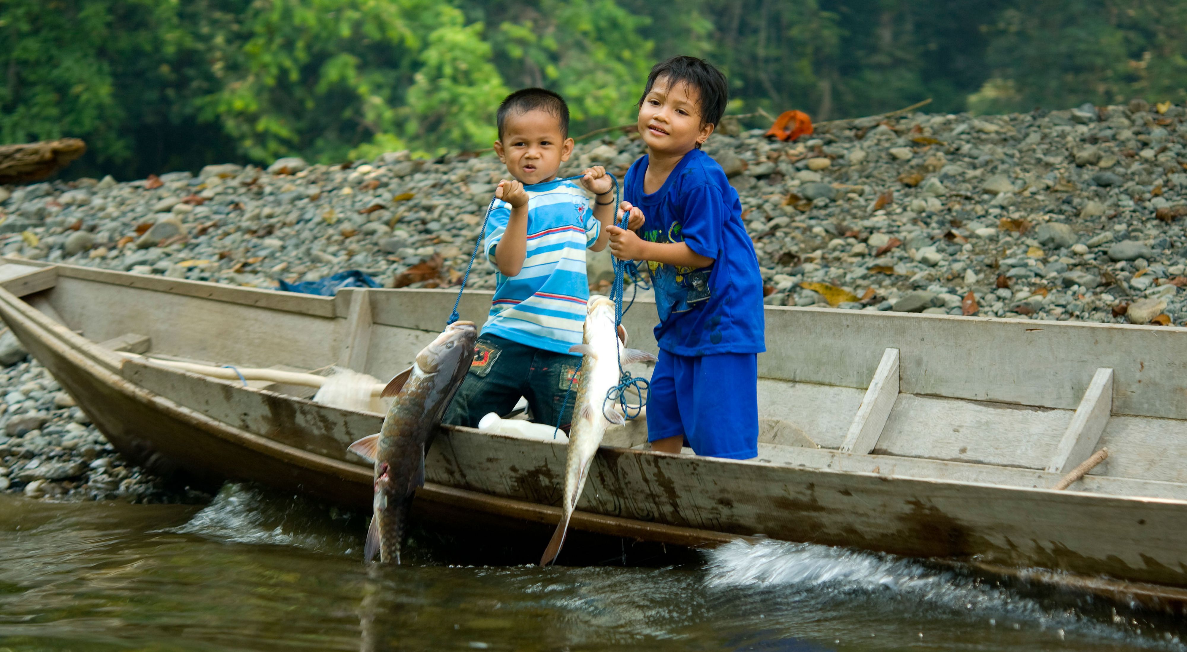 Village children display freshly caught fish at the Long Laay village on the banks of the Sagah River in the Bornean forest of the Berau district, East Kalimantan, Borneo, Indonesia. The Nature Conservancy is working with partners and villagers in the Bornean forests of the Berau district for reduced-impact logging. Surprisingly simple changes to how a company logs a forest can yield more intact forests, cleaner water, healthier and happier local villagers, and, on a global scale, more trees sequestering carbon and fighting climate change.
