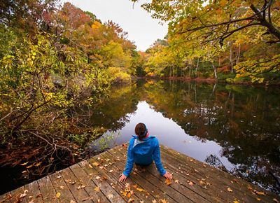 A person sits at the end of a dock at the edge of a river with thick forests of autumn-colored trees along its banks.