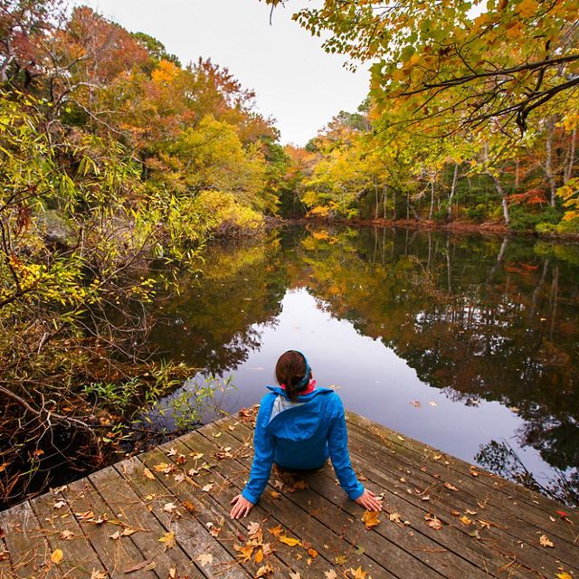 A person sits at the end of a dock at the edge of a river with thick forests of autumn-colored trees along its banks.