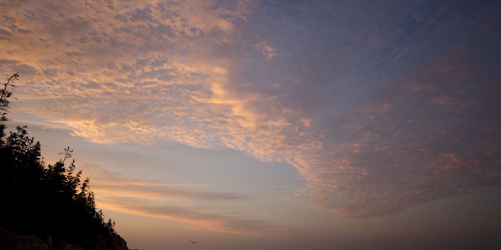 Pink clouds light an evening nearshore ocean scene.