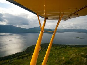 Aerial view of Alaska's Bristol Bay headwaters from the backseat of a yellow Piper Super Cub.