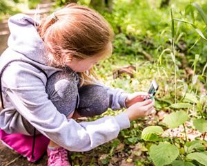 A young girl crouches down next to a tall leafy plant to take a photo with her cell phone.