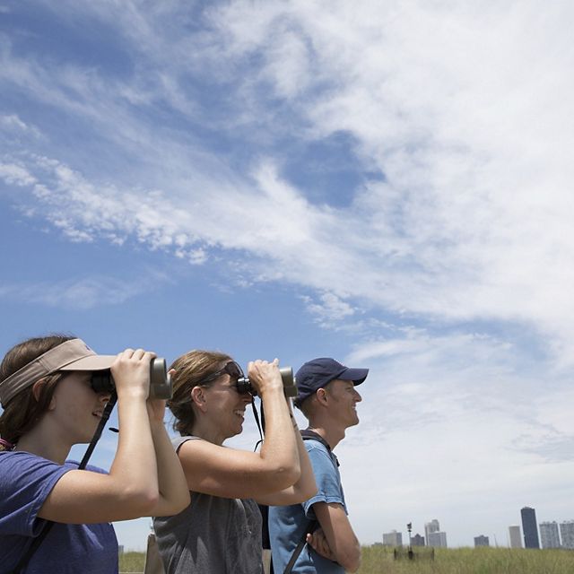 Three people stand in a field and look into the distance; two of them use binoculars.
