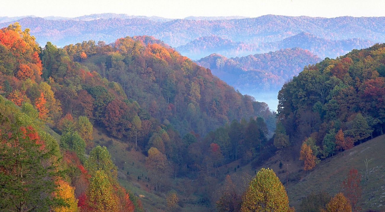 White mist rises from the deep valleys between a series of rolling mountain ridges. The trees on the forests slopes are beginning to show fall colors or gold, red and orange.