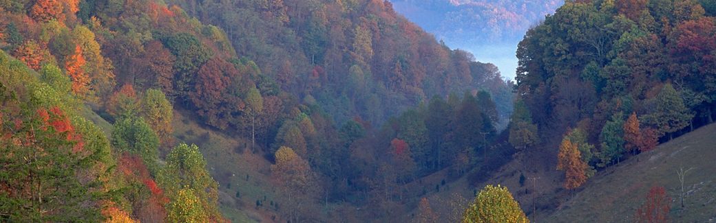 Autumn forest covers the slopes of steep hills.