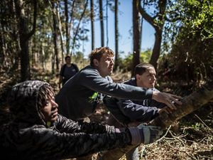 Conservation Corps members Quantavius Fuller, 20, Destin Dodd, 20, and Jonathan James, 18, push down a cut tree in Apalachicola, Florida, while working on environmental sustainability needs for the Panhandle region of the state. This project is also supported by The Nature Conservancy.  