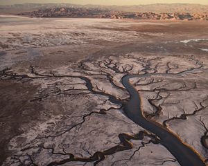 An aerial view of salt flats and hydromorphological formations of the Colorado River Delta in Mexico.