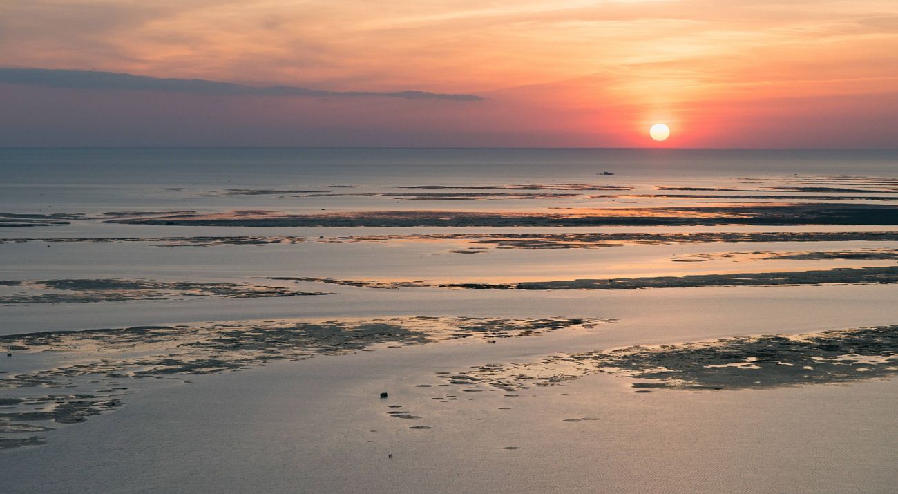 ocean beach at sunset.
