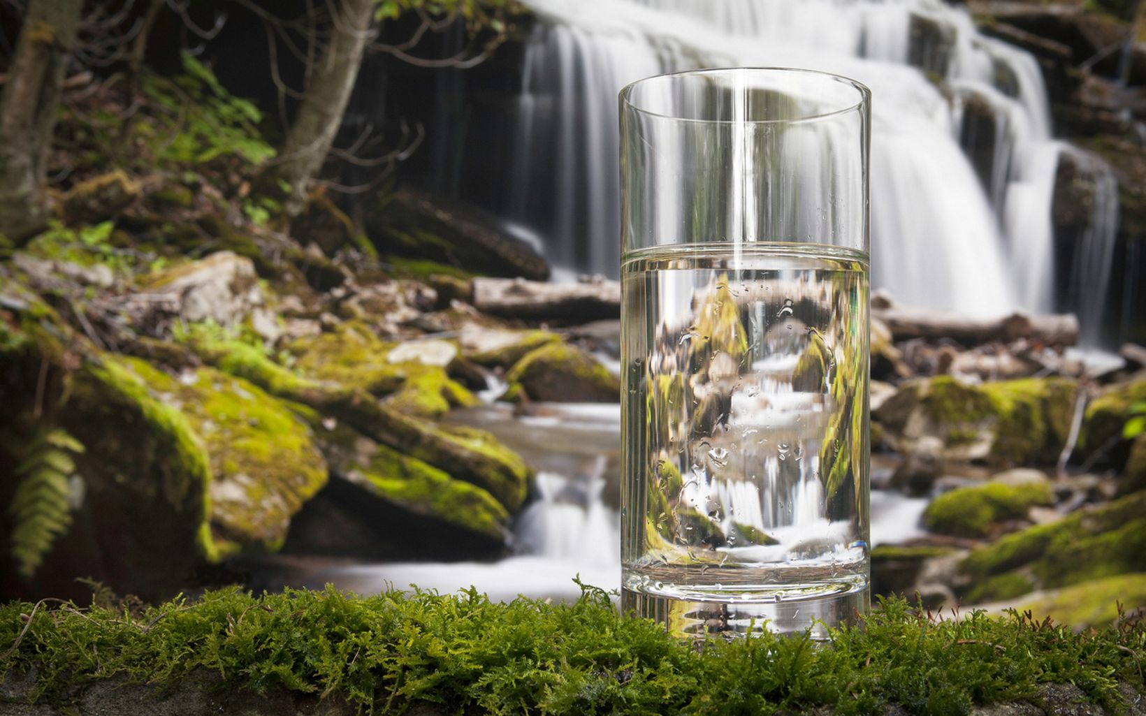 a glass of water sitting on a rock in front of a big waterfall