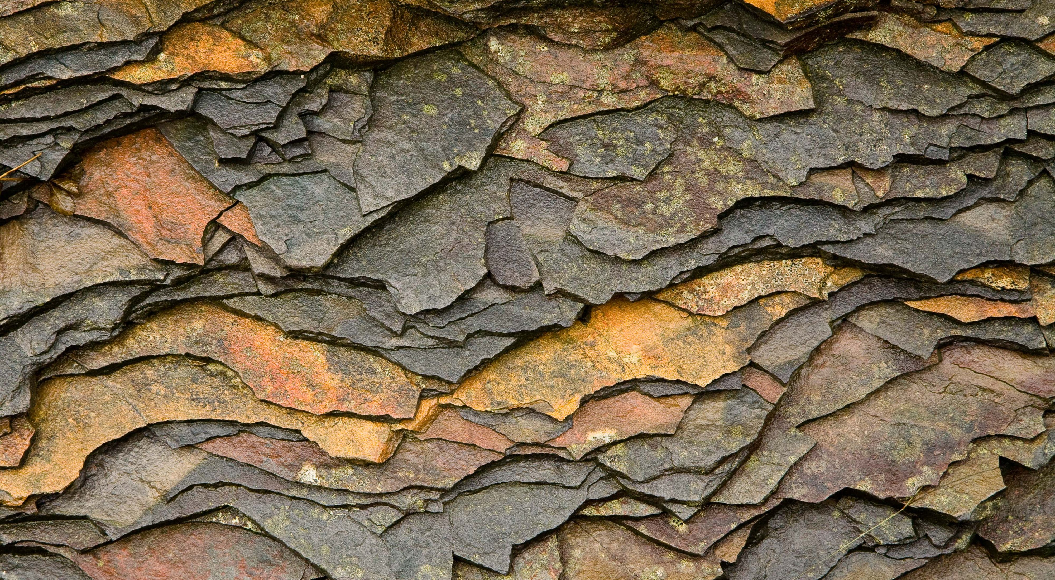Weathered and stained shale at Blackwater Falls State Park in West Virginia.