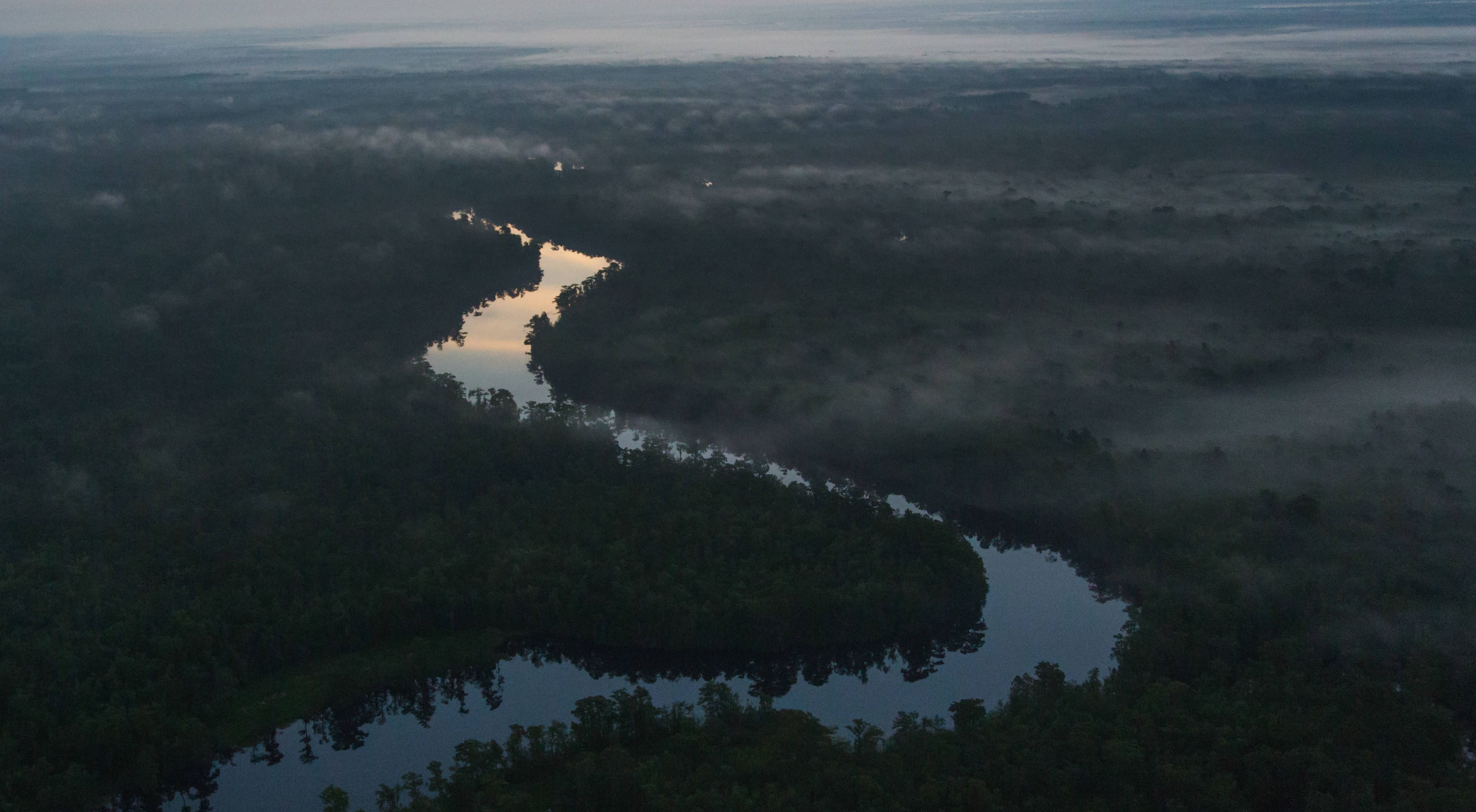 Aerial view of the Black River at dusk.