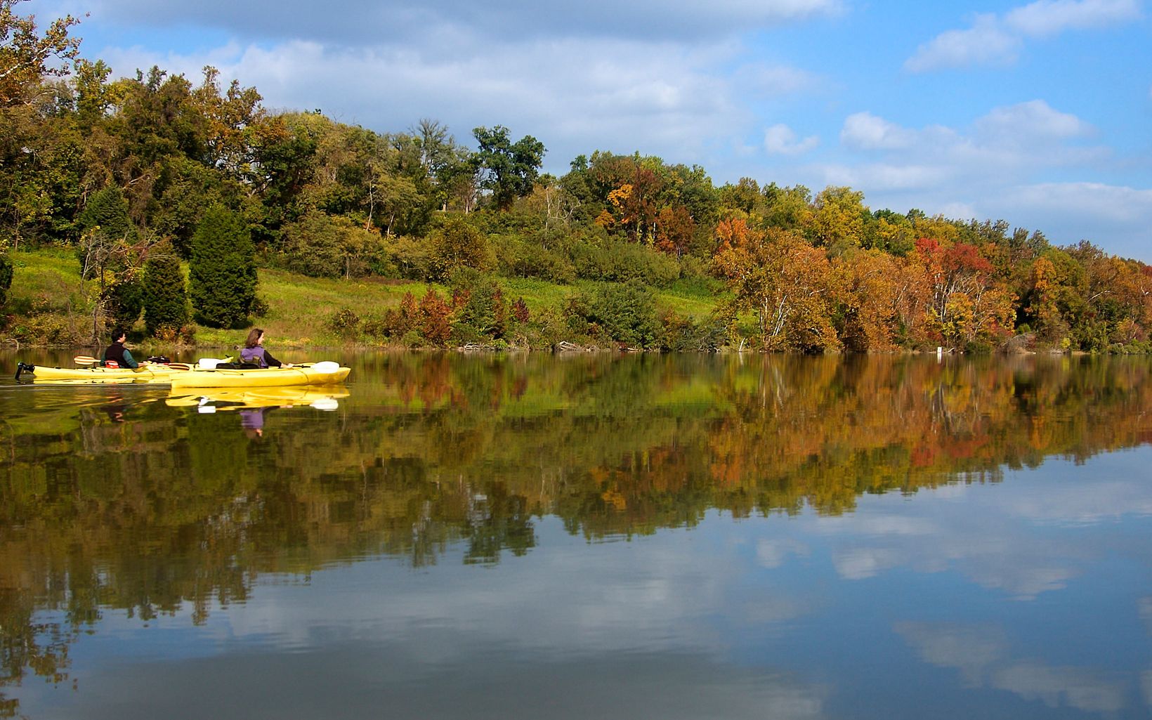 Two people float together in yellow kayaks on the Potomac River. The still, flat water reflects the trees that line the bank. The leaves are just beginning to show fall color.