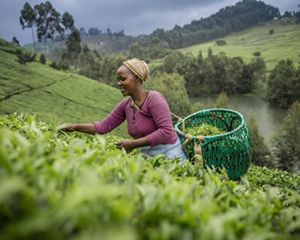 A person picks tea leaves on a tea plantation in Kenya and places them in a large basket slung around her shoulder.