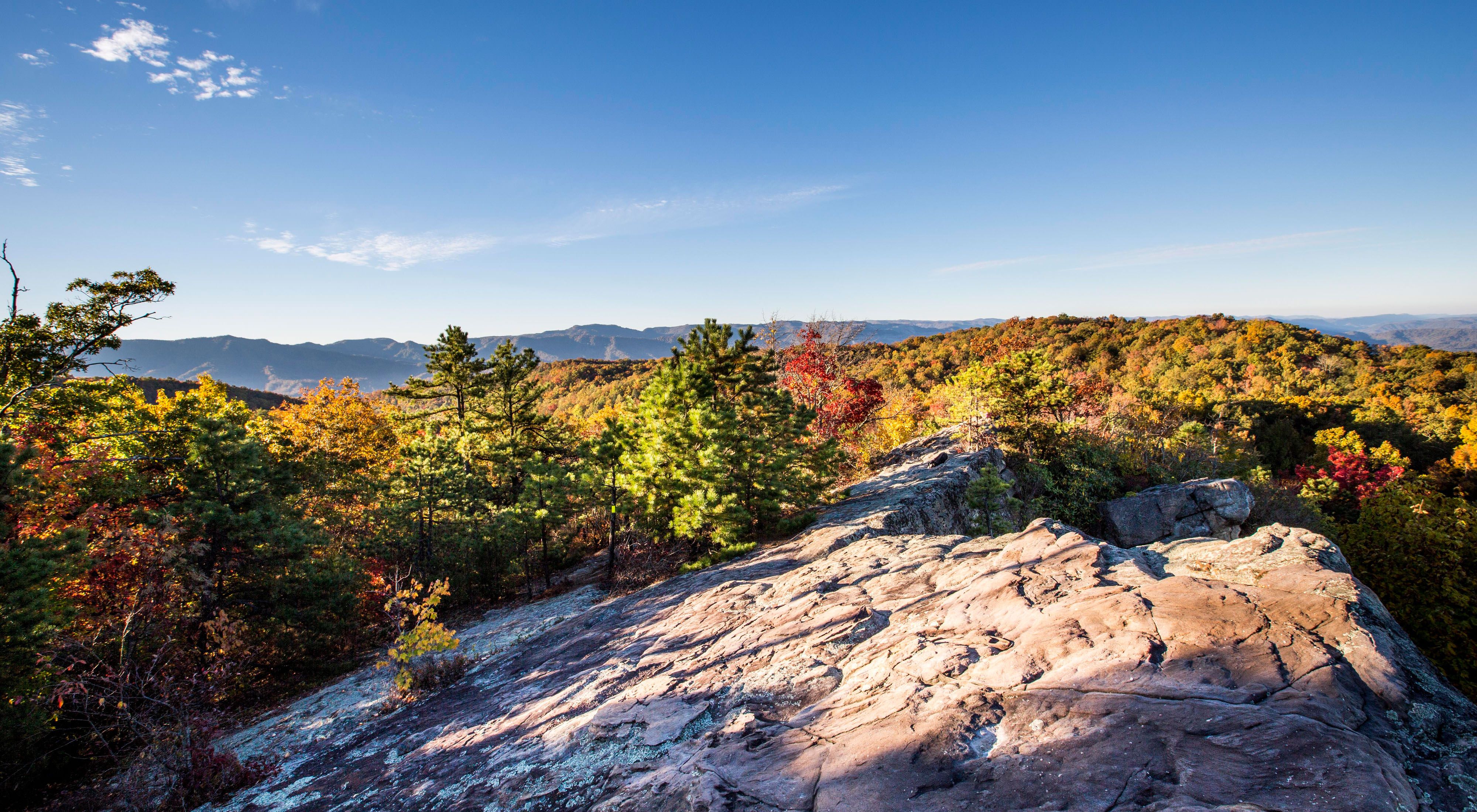 Mountaintop view overlooking a wide expanse of mountain ranges covered in bold autumn colors.