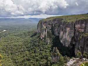 expansive view of a forest with a river and a large rocky outcropping in Colombia