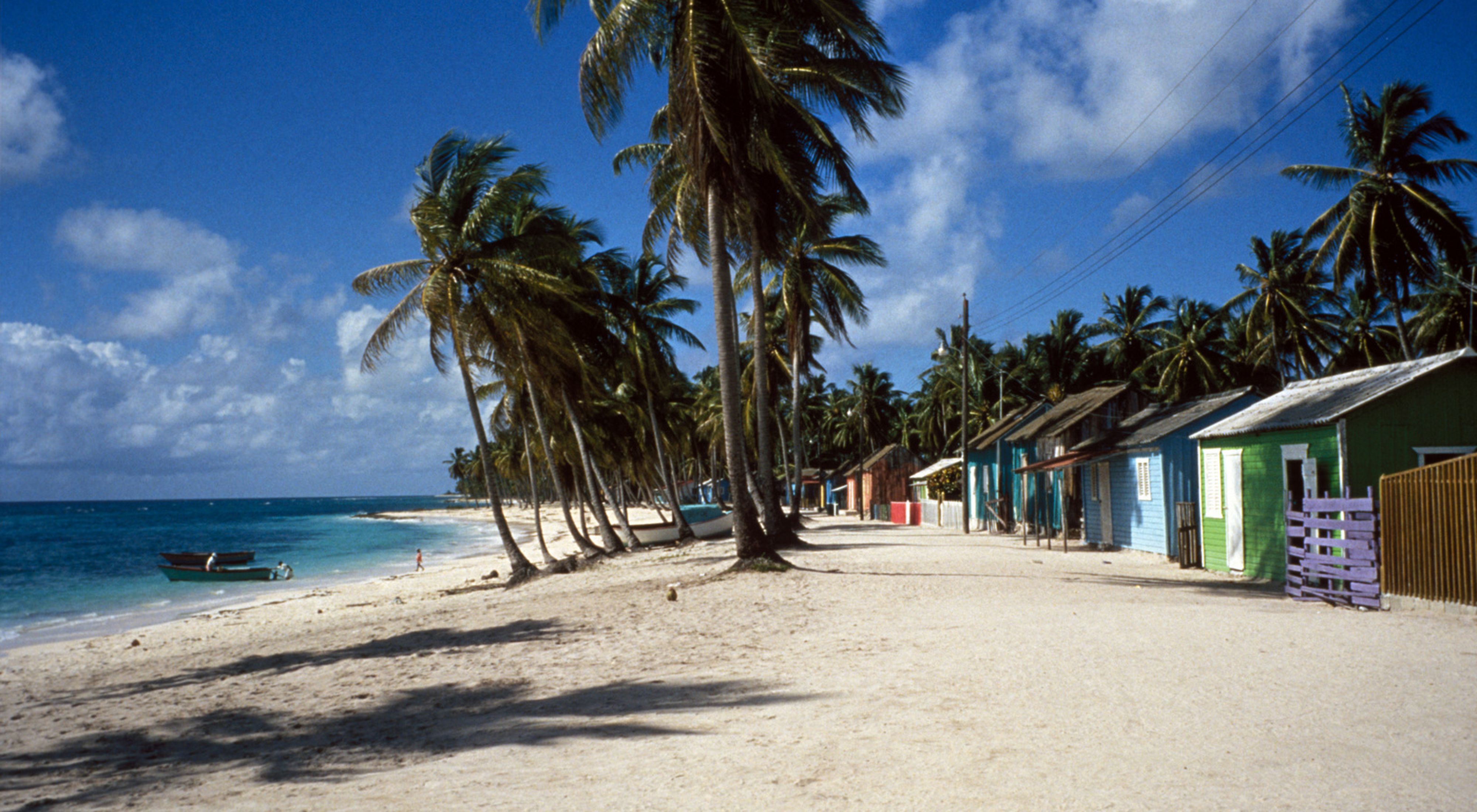 A row of colorful houses surrounded by palm trees on a white sandy beach sit beside a sparkling blue ocean.