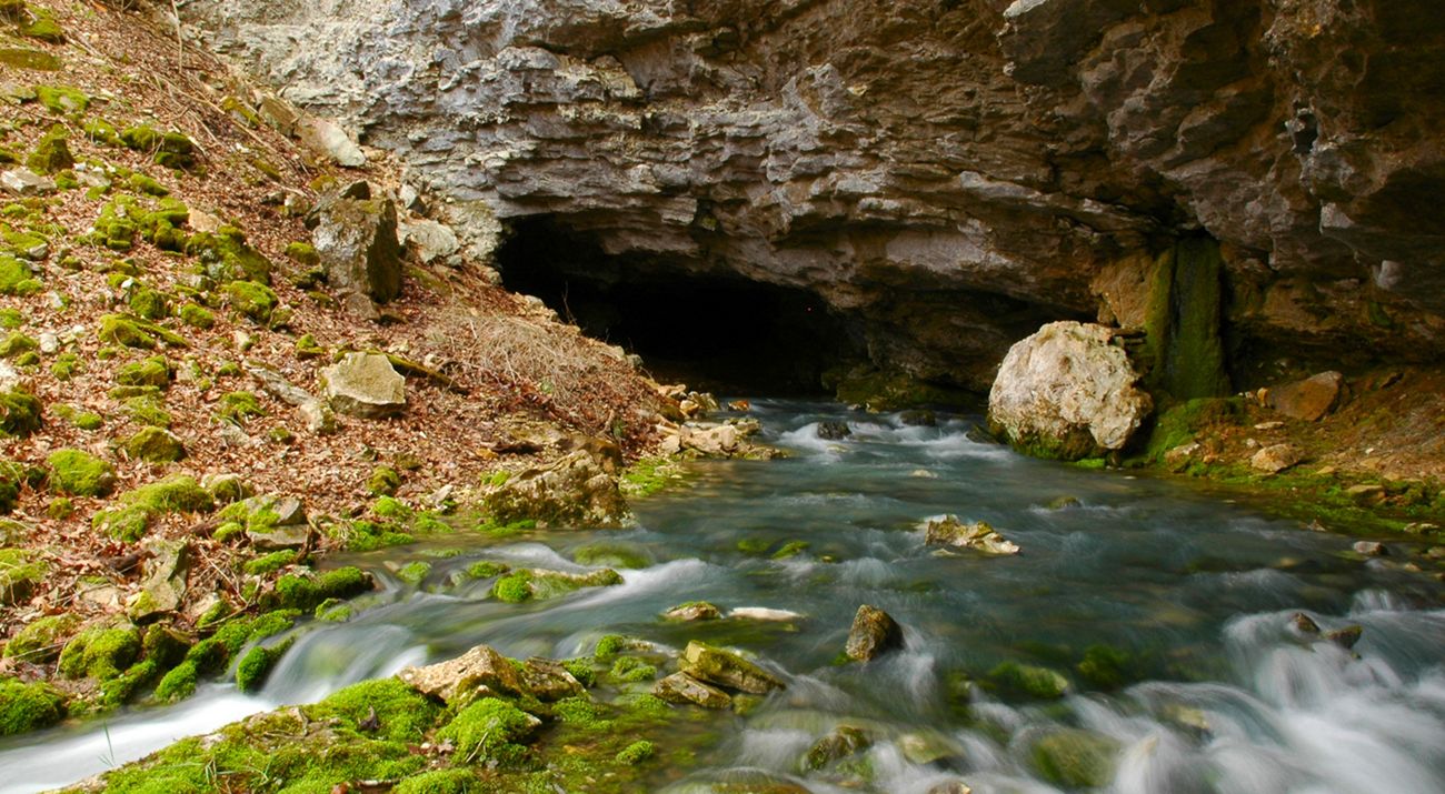 A rocky cave opening with water flowing from it.