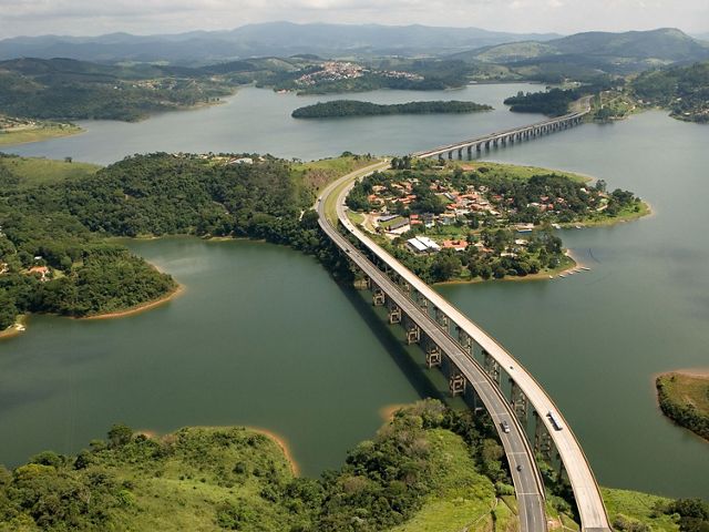 View of road running over reservoir in Brazil.