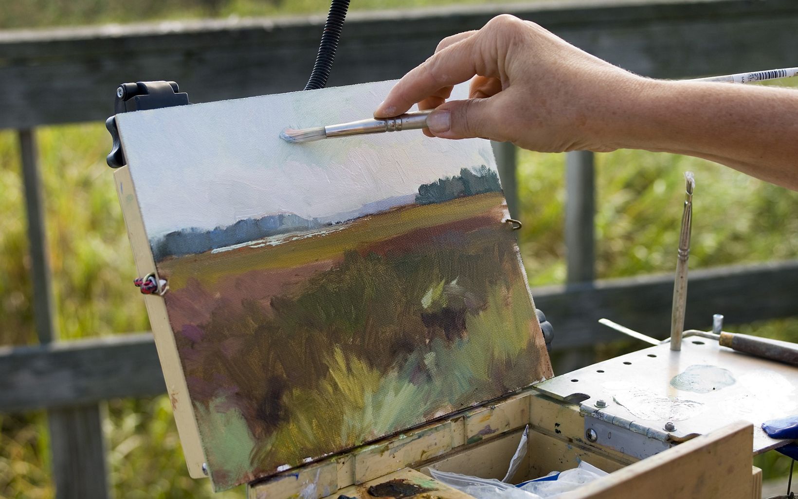 Close view of a small canvas being painted in the open air. The canvas shows an open wetland scene. A hand holds a brush adding color to the sky.