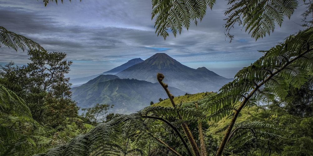 Two mountains in the distance with greenery and valley in the foreground.