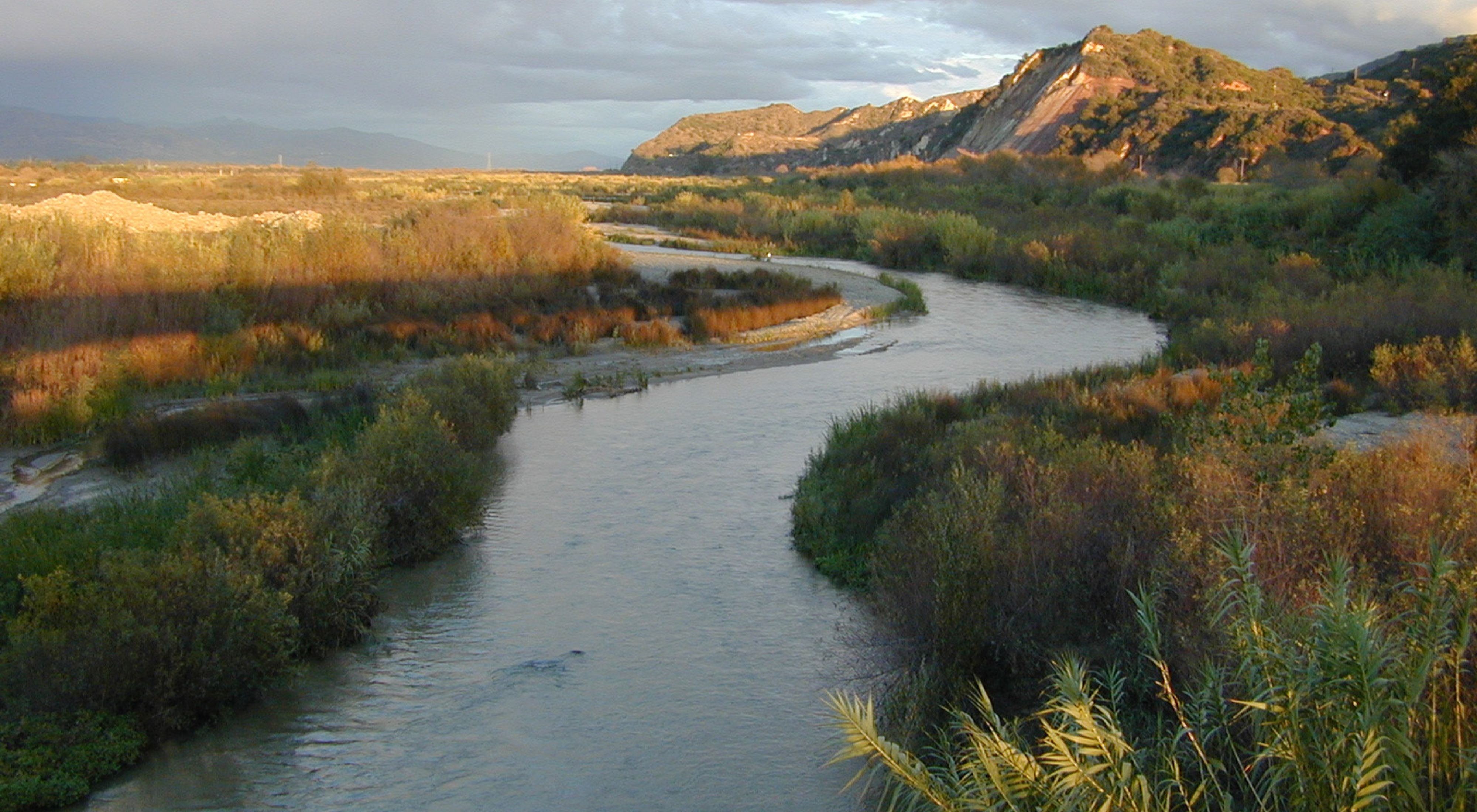 The Santa Clara River winds through a scrubby, tree-filled landscape with a mountain in the background.